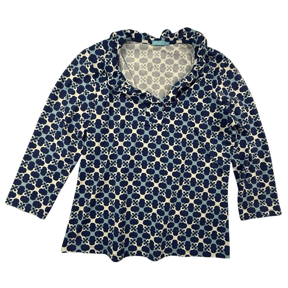 J McLaughlin Durham Catalina Cloth Top Women Medium Blue Ruffle Neck 3/4 Sleeve